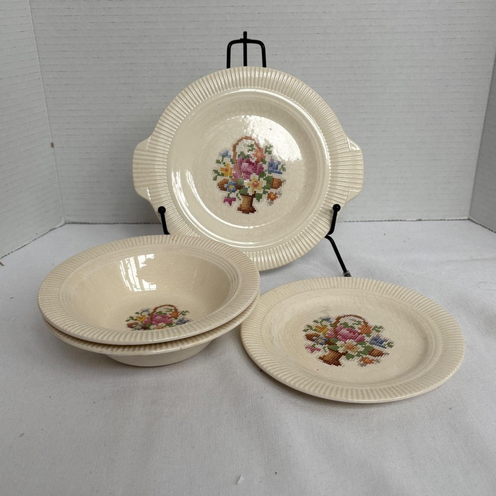 Salem China Co Basket Cross Stitch Vintage 4pc Set Handled Plate Bowls Cream‎